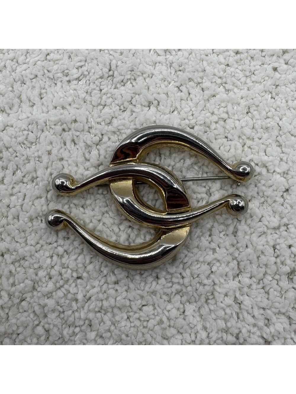 Vintage Abstract Swirl Brooch Pin Gold & Silver Tone Modernist Statement
